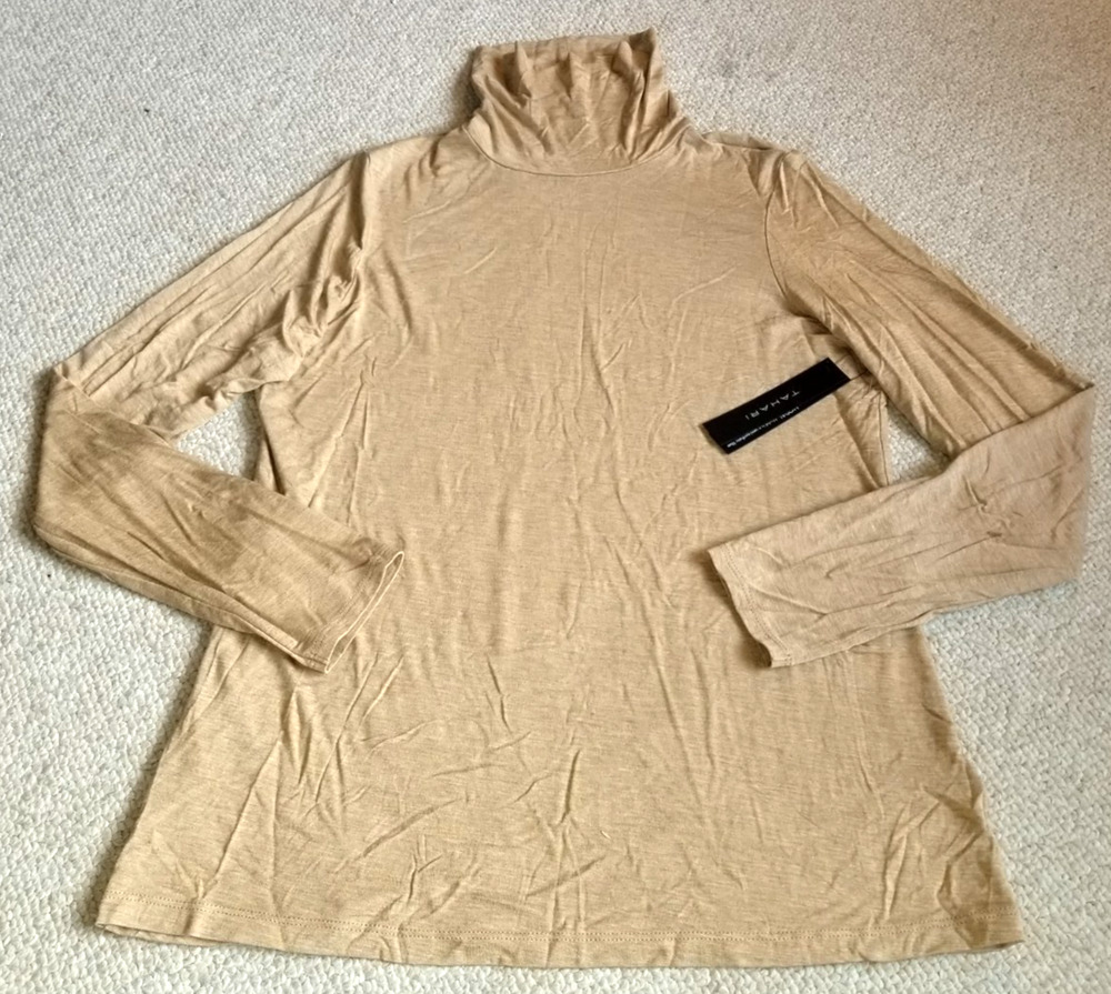 NWT Womens Top-TAHARI-tan stretch knit turtleneck Classic ls-M